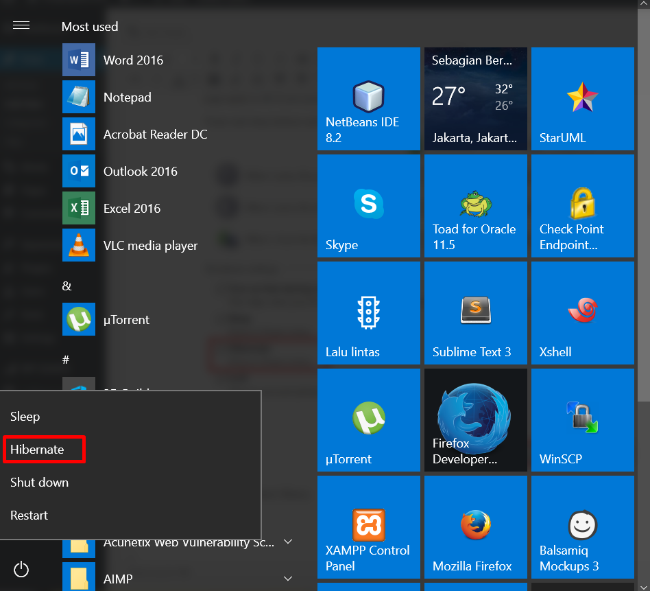 Hibernate di Start Menu Di Windows 10