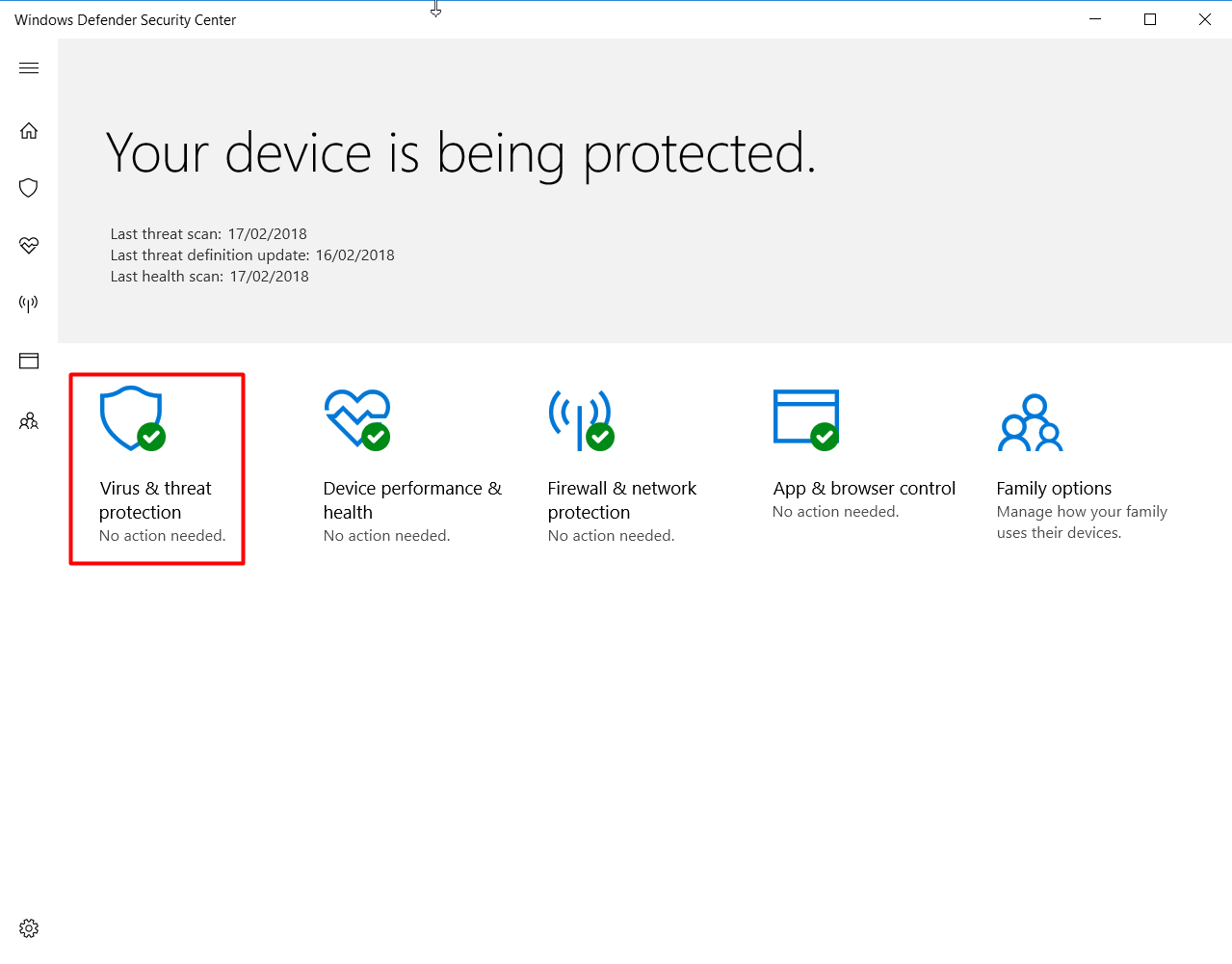 Windows Defender Security Center Menu Virus and Threat Protection